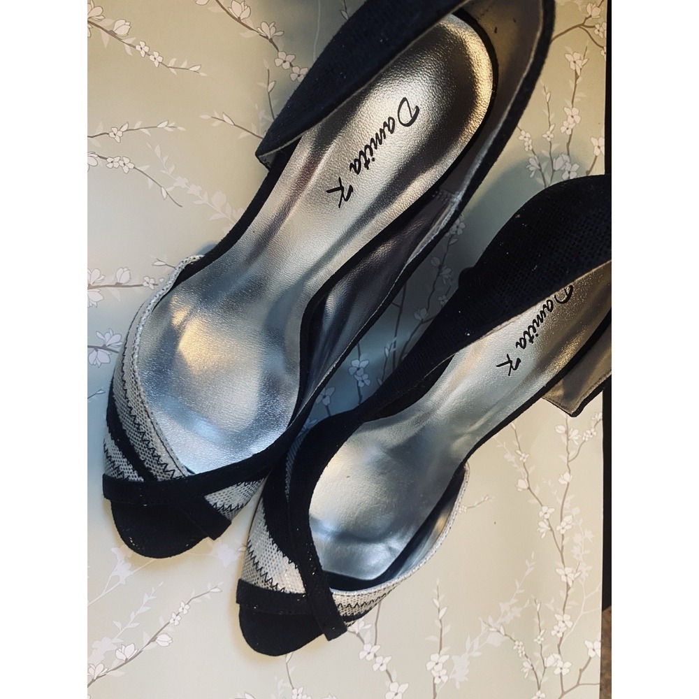 Damita K Heels 7.5 Black Peep Toe Silver Trim Dressy Formal Shoes New